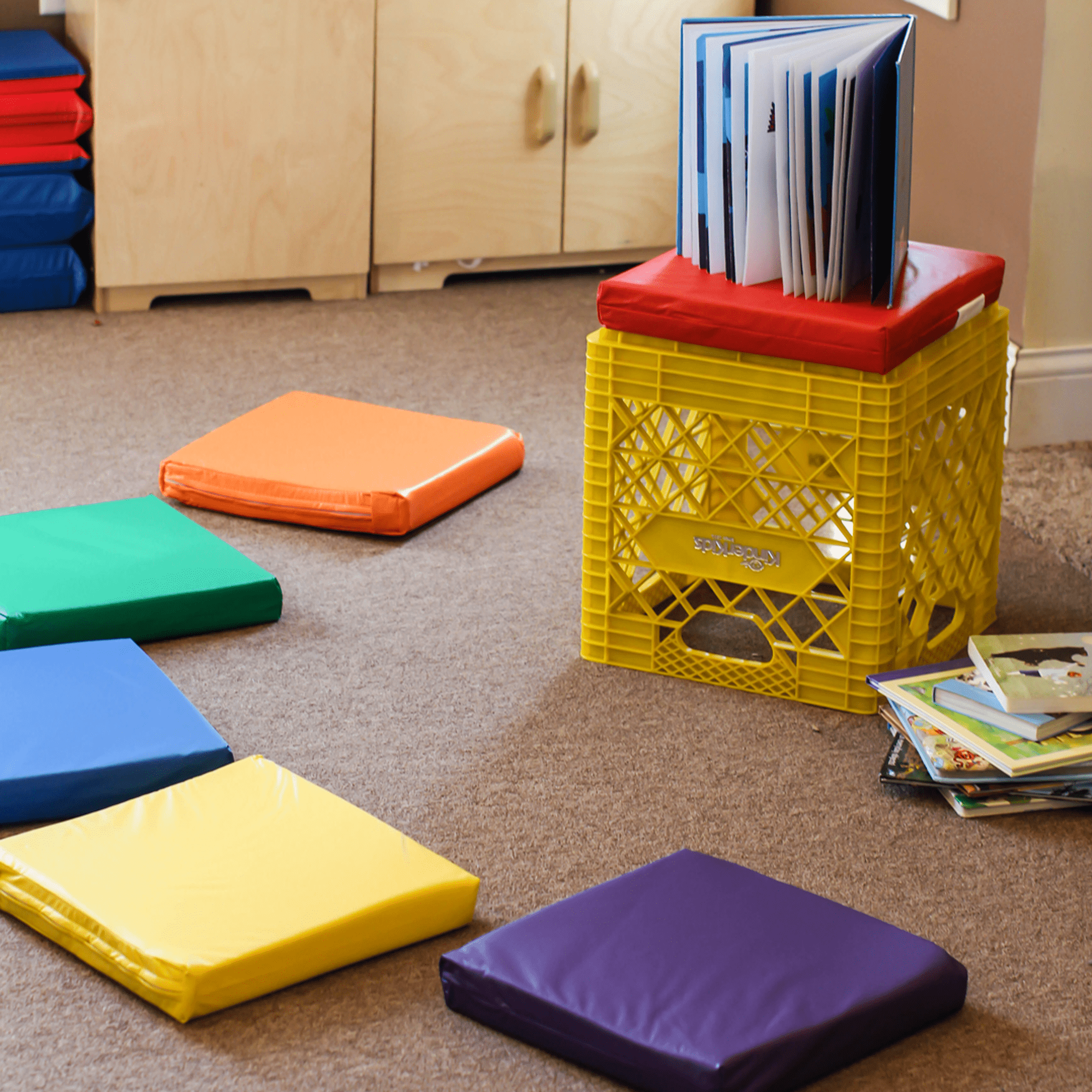KinderMat, Kindercrate, Blue, 6 Pack of 13.5" Kindercushions & Container, 2" Thick Squares Story Time Cushions, Alternative Seating