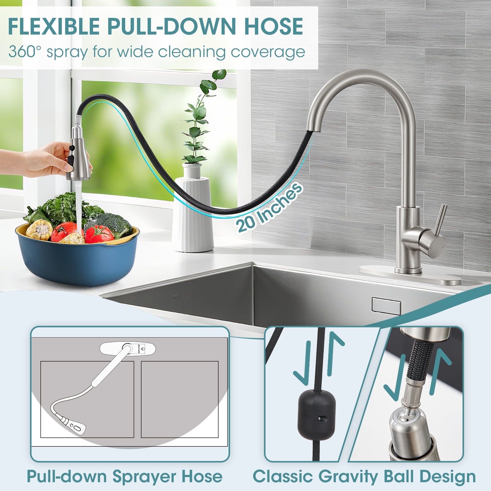 Wowkk Sanitary Ware Kitchen Sink Faucet with Pull Down Sprayer, Single Handle SUS304 Stainless Steel Kitchen Faucets with Deck Plate, Brushed Nickel