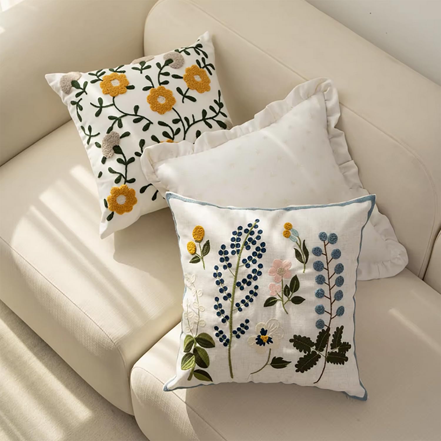 Fennco Styles Embroidered Spring Floral Decorative Throw Pillow Cover 18" W x 18" L - Green Leaves Woven Cushion Case for Home, Couch, Living Room, Bedroom, Office and Holiday Décor