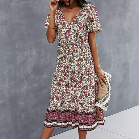 

Wyongtao Cozy Fashion Women s V-neck Casual Printed Belt Long-style Short Sleeve Loose Dress