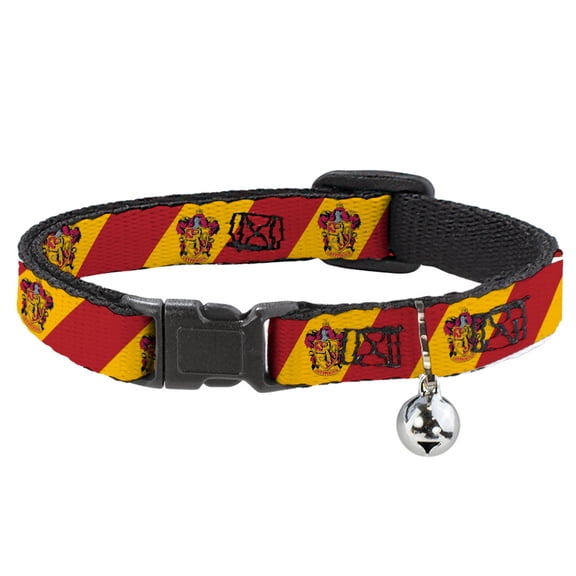 Harry Potter Breakaway Cat Collar With Bell, Plastic Clip, Easy Adjustable, Gryffindor Crest Diagonal Stripe Gold Red, 8.5 to 12 Inches 0.5 Inch Wide