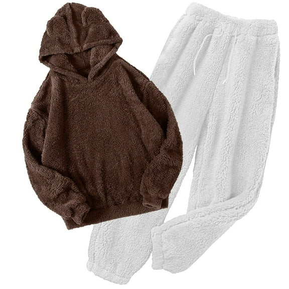 Riecok Loungewear Sets for Women 2 Piece Fleece Long Sleeve Hoodies and Pants Solid Breathable Soft Sleepwear