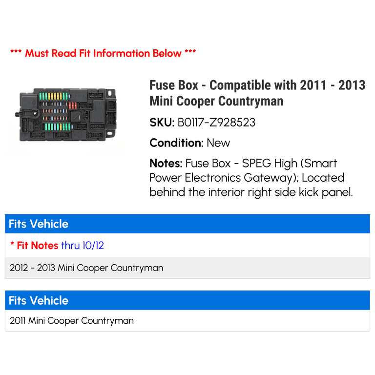 Fuse Box - Compatible with 2011 - 2013 Mini Cooper Countryman 2012