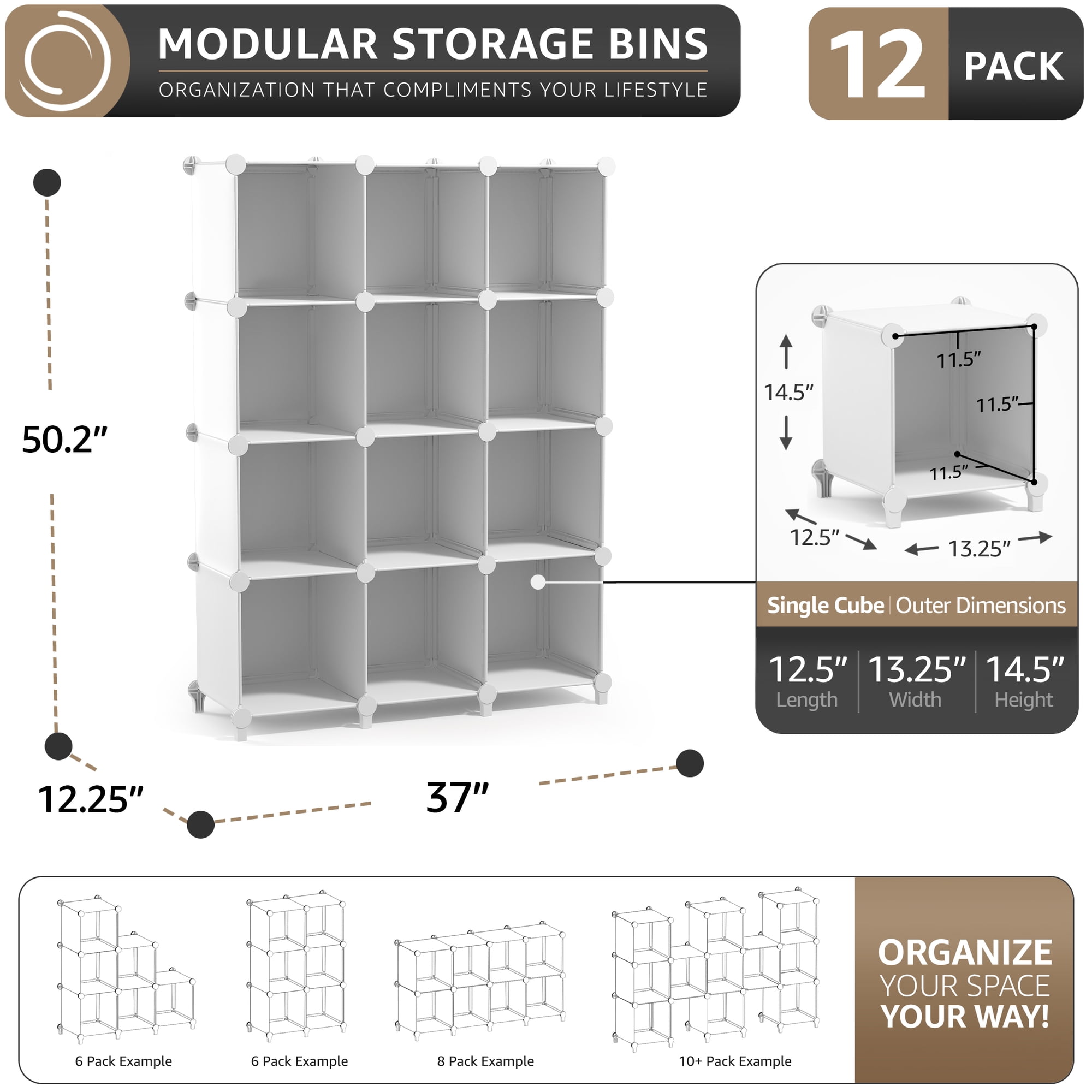 Sorbus 12-Cube Storage Organizer, Waterproof Cubby Shelf for Closet & Bedroom, Black