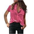 thumbnail image 2 of AXXD Women Tops Trendy Pink Basic Summer 2024 Ladies Solid Button Collar Tops Loose V Neck T-Shirts Short Sleeve Blouse, 2 of 3