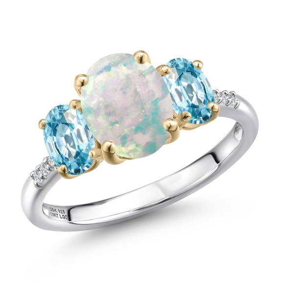 Gem Stone King 925 Silver and 10K Yellow Gold Simulated White Opal and Blue Zircon and Lab Grown Diamond Engagement Ring for Women | 2.36 Cttw | Oval Cabochon 9X7MM | October Birthstone | Size 6