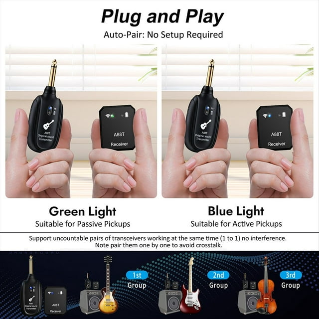 de Guitarra Inalámbrico A88T, Receptor Transmisor de Audio para Guitarra Eléctrica, Bajo, Violín y Guitarra