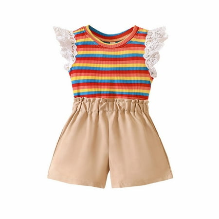 

Children s Clothing Girls Summer Clothes Rainbow Stripe Flying Sleeve Top Shorts Two Piece Set Suitable For 2 To 7 Years Old Children Kids Clothing Set