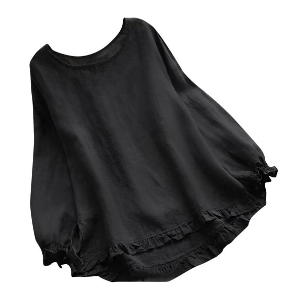yunLCZ Womens Long Sleeve Shirts Ladies Summer Solid Loose Ruffle Bottom Cuffs Crew Neck Long Sleeve Shirt Womens Long Sleeve Shirts