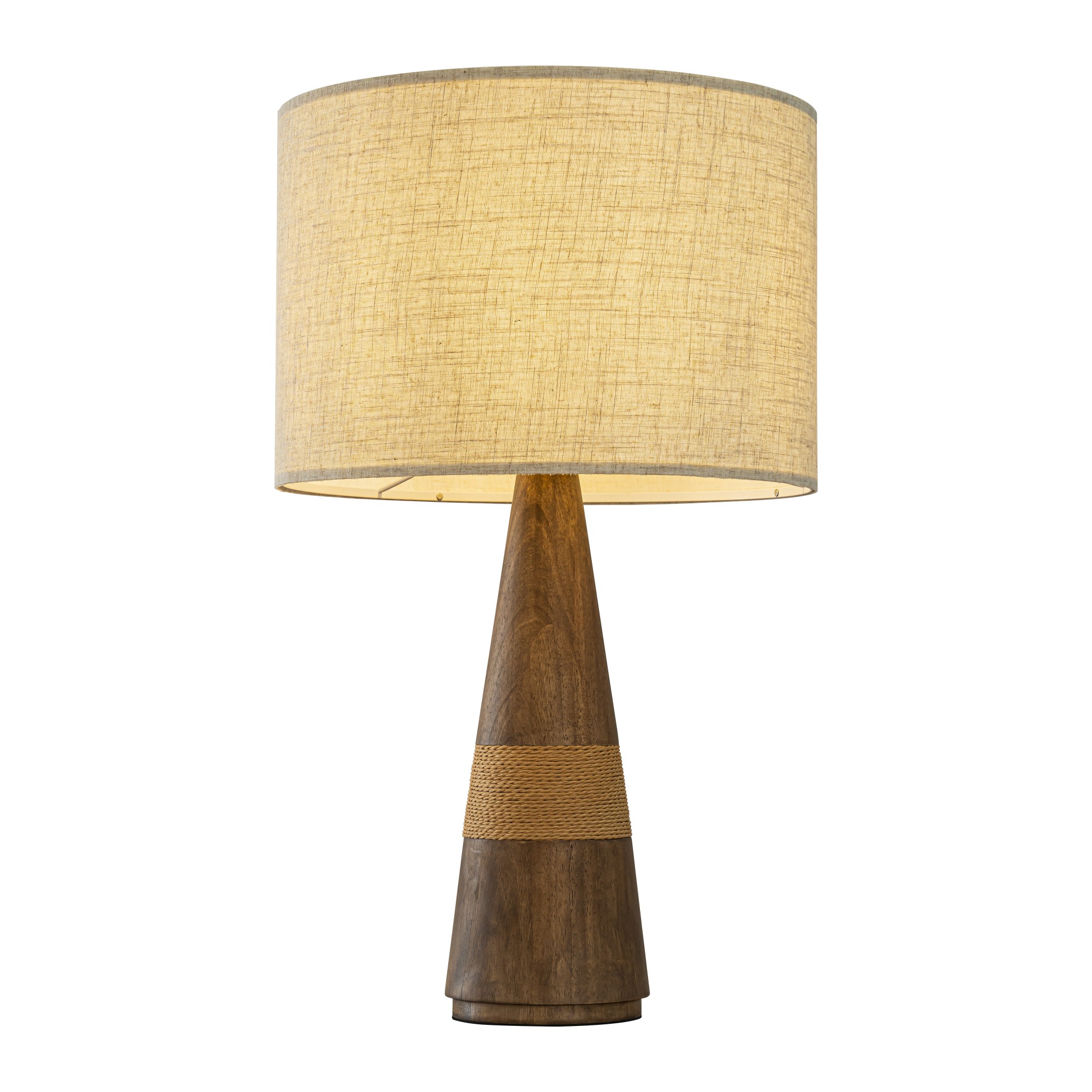28'' Farmhouse Honey Brown Wood Bedside Table Lamp – Classic Drum Shape Nightstand Lamp with Beige Fabric Shade for Bedroom, Living Room