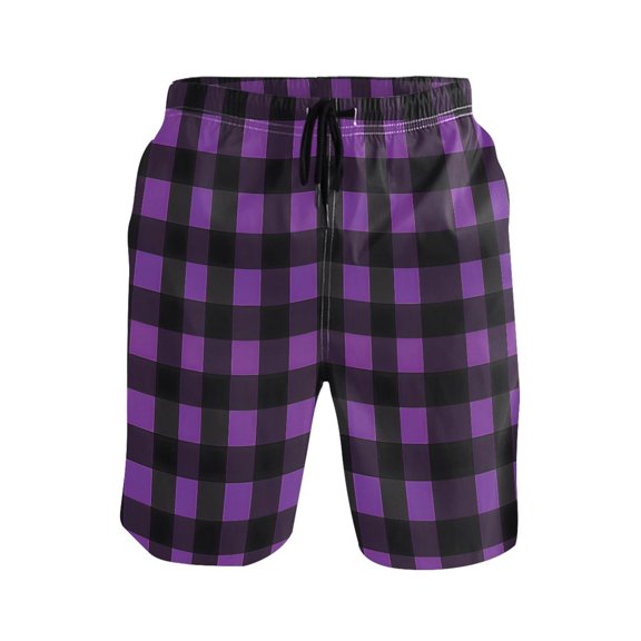 joogoo Men's Swim Trunks Purple Checkered Grid Pattern Beach Shorts with Pockets M