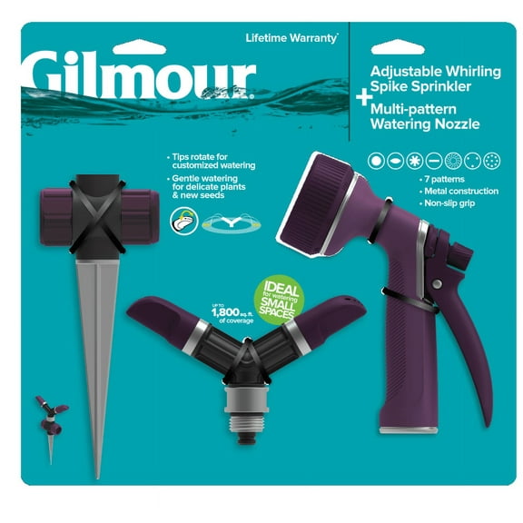 Gilmour Adj Whirling Sprinkler w/ Spike Base, Rear Control Watering Nozzle Set, Metal Water Passage