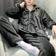 thumbnail image 3 of comerut 2 Pcs/Set Men Winter Pajamas Set Lapel Thick Buttons Single-breasted Loose Elastic Waist Warm Soft Pockets Wide Leg Solid Color Men Homewear Top Pants Set, 3 of 8