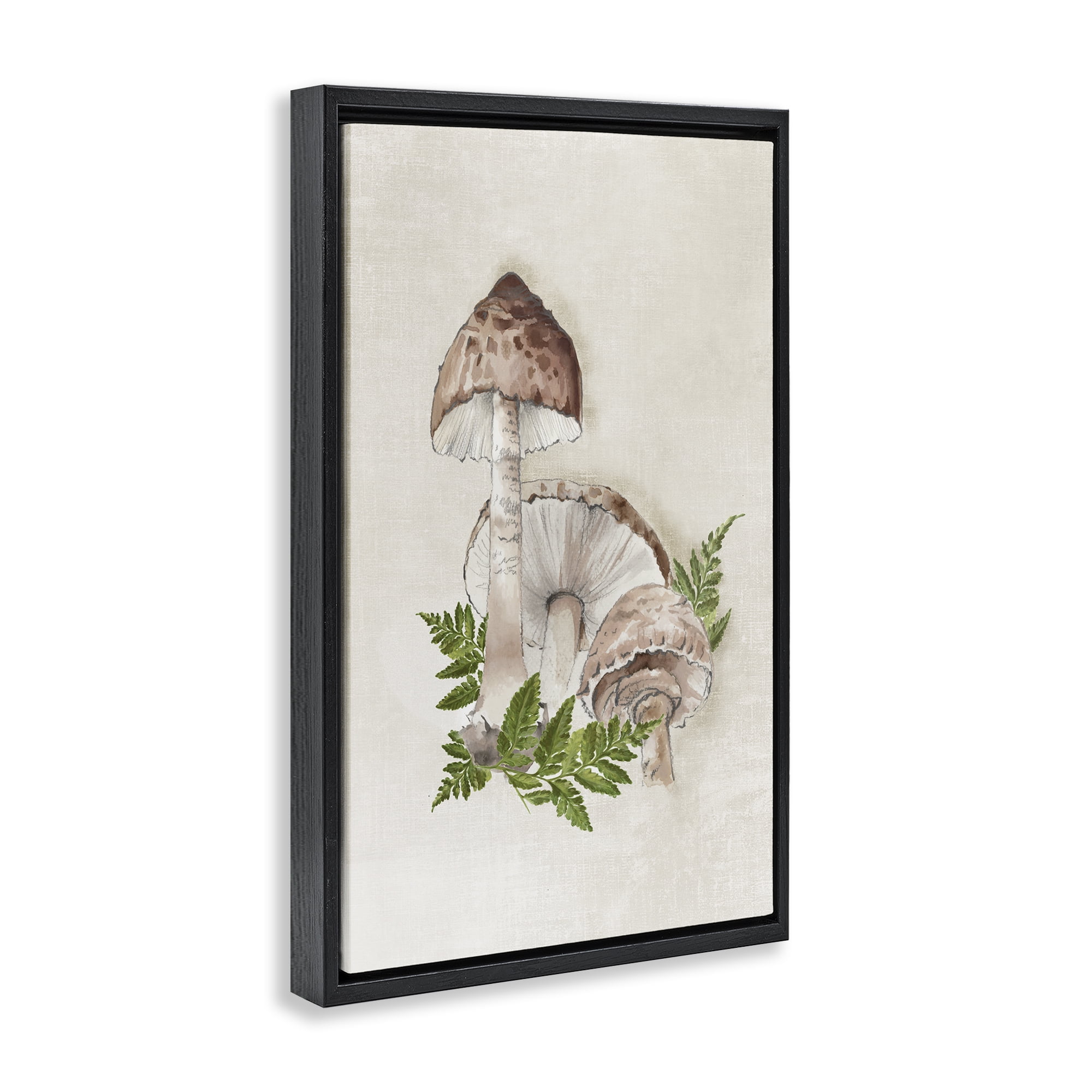 Stupell Industries Beige Mushrooms & Fern Plants & Flowers Painting Black Floater Framed Canvas Art Print Wall Art, 21 x 31