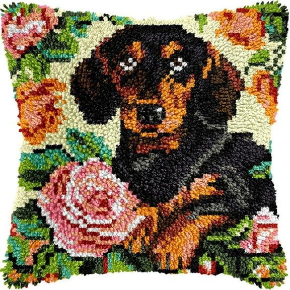 Flowers Dachshund Latch Hook Kits Pillow DIY Rug Crochet Hook Cushion Making Kits Printed Pattern Canvas Pillowcase Hooking Kits Pillow Cover Crochet Kits 43x43cm(fs27)