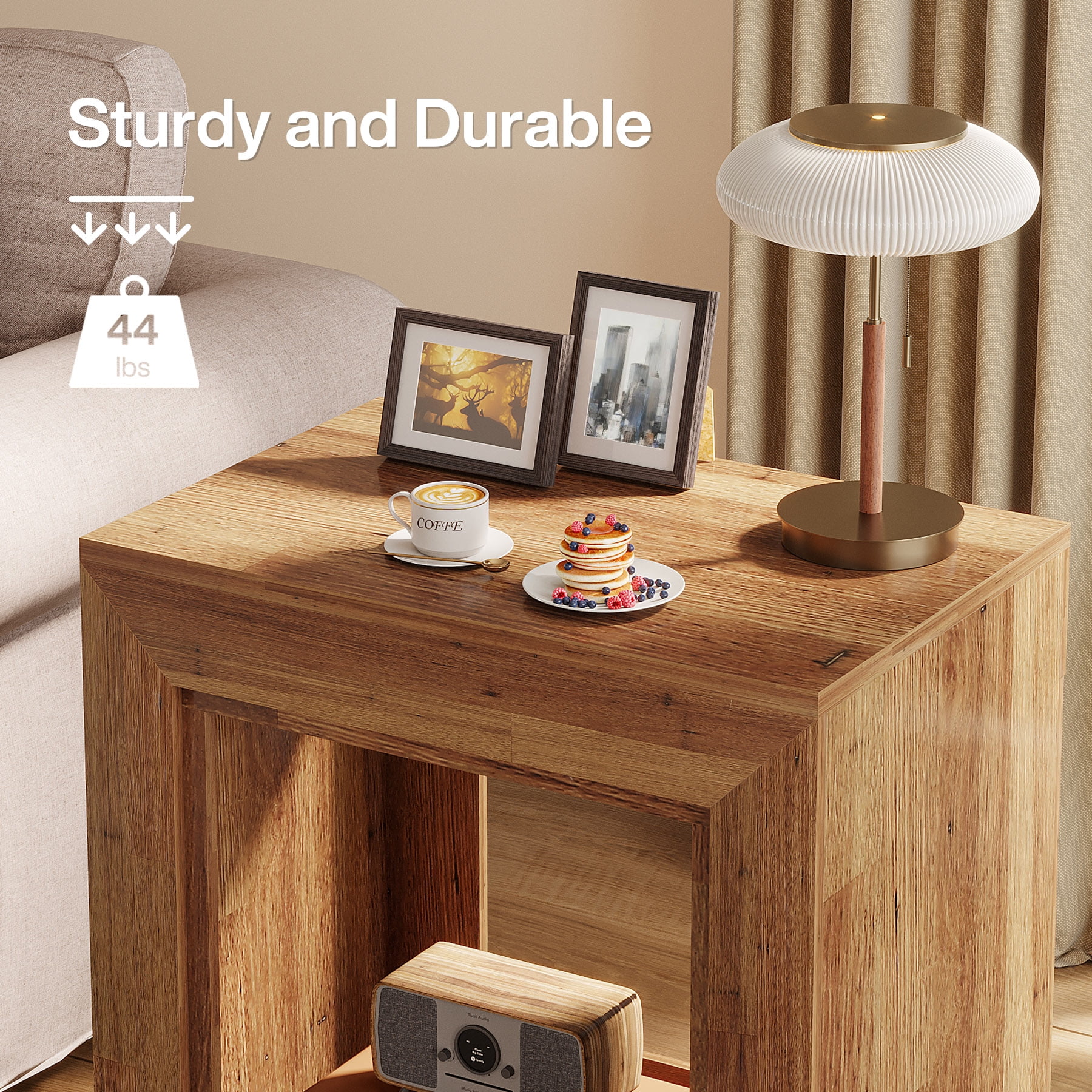 Fnova End Table Farmhouse Square Side Table with Storage, Wooden Sofa Table with Central Hollow Design, Modern Bedside Table, Easy Assembly, for Living Room, Bedroom, Nightstand