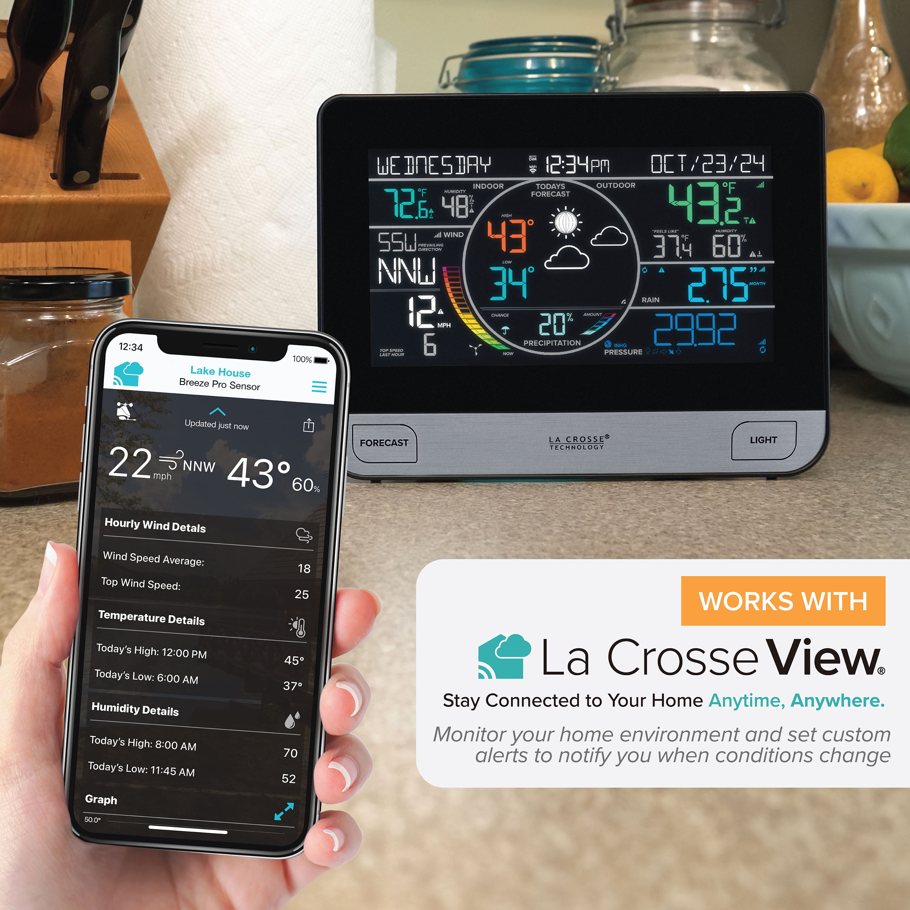 La Crosse Technology Complete Personal Remote Monitoring Wi-Fi Weather Station, Indoor/Outdoor Temperature and Humidity, Rainfall Data, Barometer - Black, V61