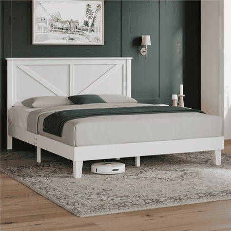 Yaheetech Farmhouse Wood Full Bed with Headboard, White