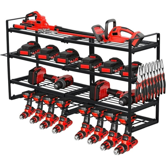 Power Tool Organizer, Drill Holder Wall Mount, Heavy Duty 4-Layer Drill Storage Shelf Loads 400Lbs, 8 Drill Holders and Drill Bit Rack, Utility Power Tool Storage for Garage Workbench