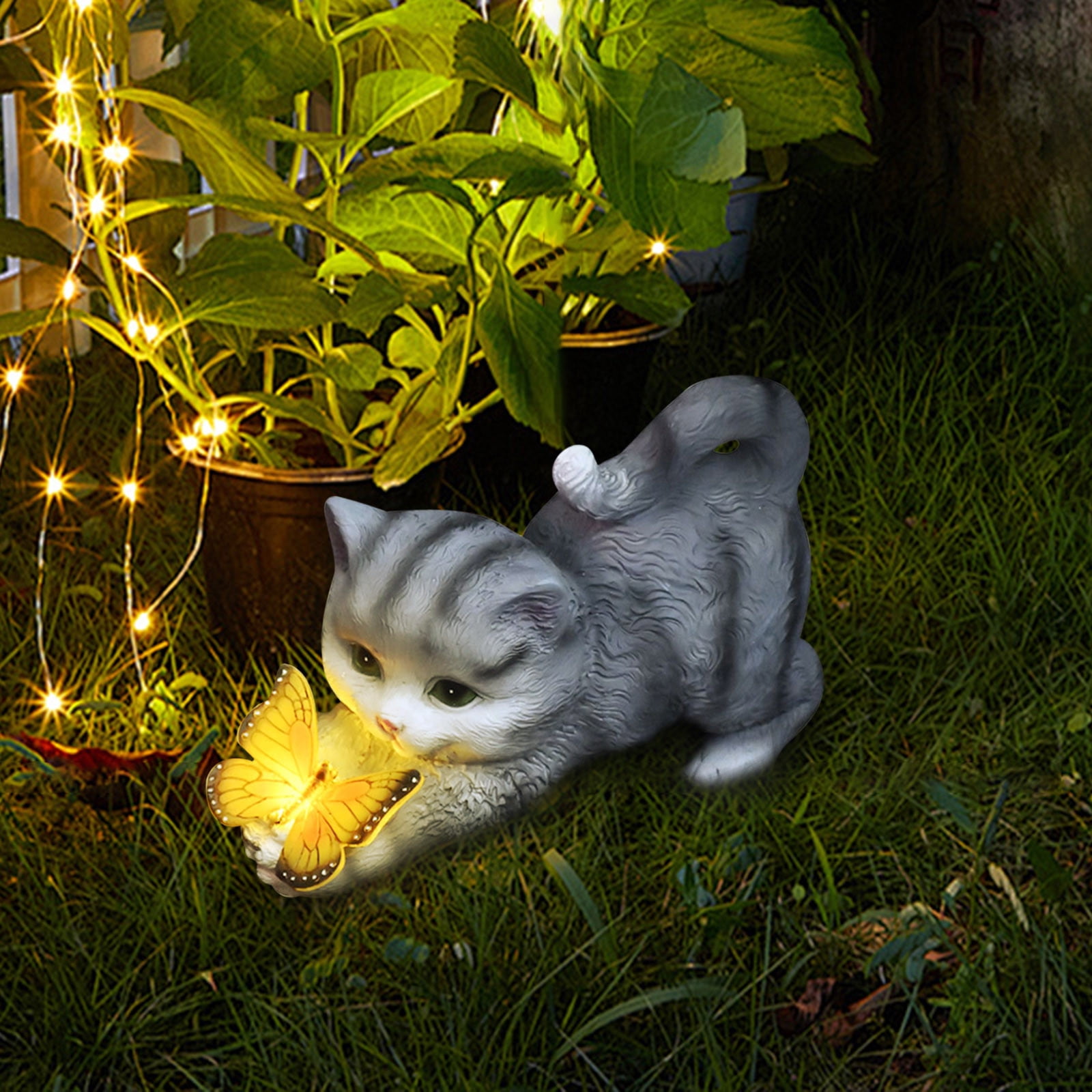 CasaChic Solar-Powered Cats & Butterfly Garden Statue, Resin Outdoor Sculpture, Waterproof Decor for Patio & Lawn, Ideal Gift for Garden Parties