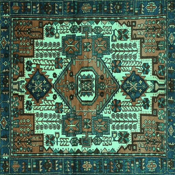 Ahgly Company Machine Washable Indoor Square Persian Turquoise Blue Traditional Area Rugs, 3' Square