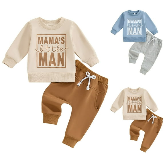 Dakiuu Toddler Baby Boy Winter Spring Clothes Casual Letter Graphic Mama's Little Man Long Sleeve Crewneck Sweatshirt and Sweatpants 2 Pcs Pullover Tops Pants Outfits Khaki 12-18M (12)