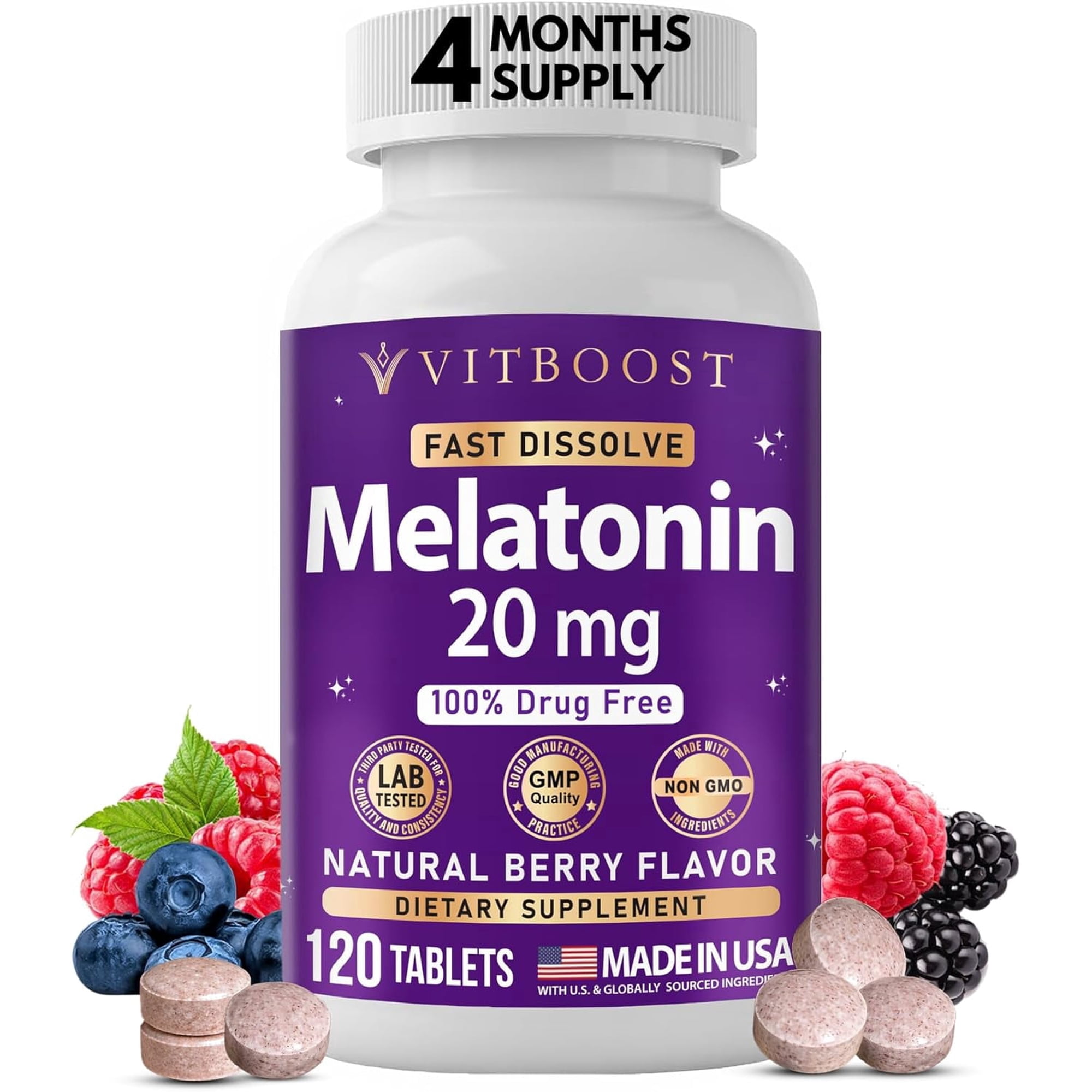 VITBOOST Melatonin 20mg Fast Dissolve Sleep Aid Tablets for Adults - Melatonin Extra Strength, Natural Berry Flavor, 3rd Party Tested, Drug-Free, Non-GMO, Made in USA - 120 Count (4-Month Supply)