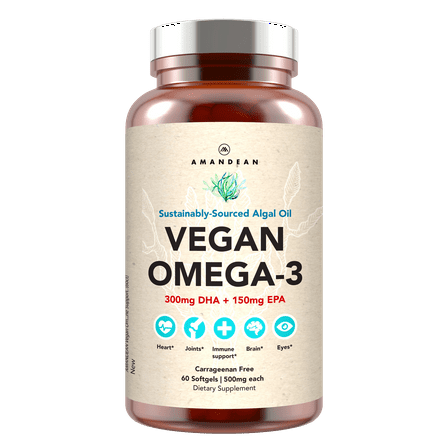 Amandean Vegan Omega-3 Supplement. Fish Oil Alternative! Plant Based DHA & EPA Algal Oil. 60 Capsules. Joint, Heart, Skin, Brain, Eye