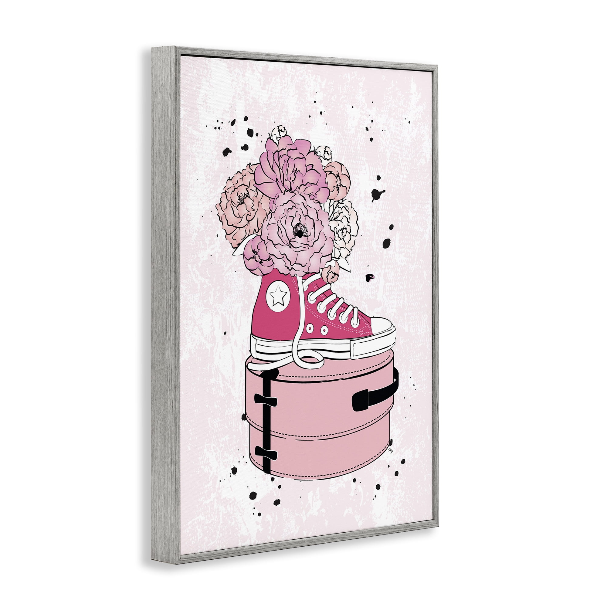 Stupell Industries Pink Floral Sneaker Beauty & Fashion Painting Gray Framed Art Print Wall Art, 12 x 18