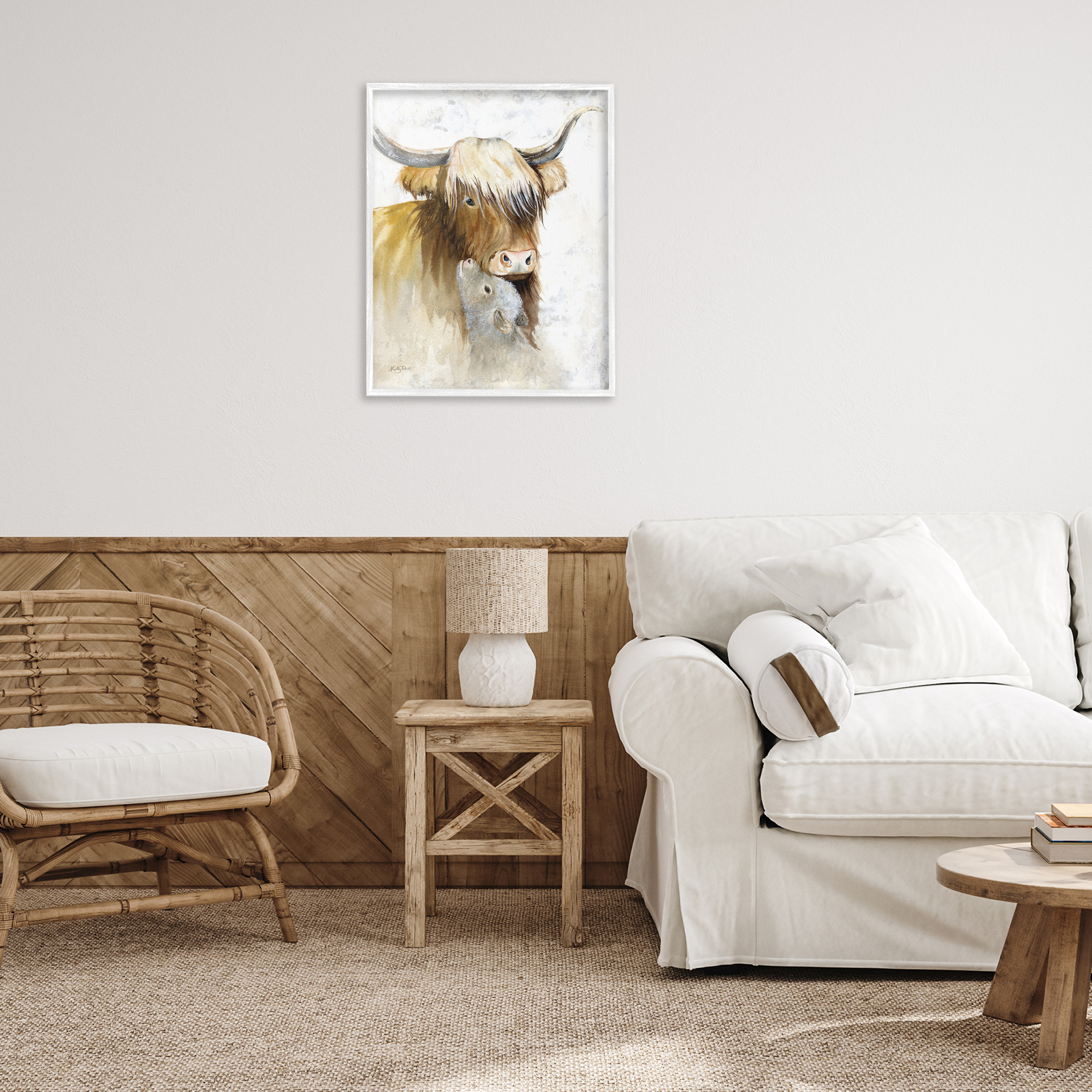 Stupell Industries Neutral Longhorn & Calf Animals & Insects Painting White Framed Art Print Wall Art, 24 x 30