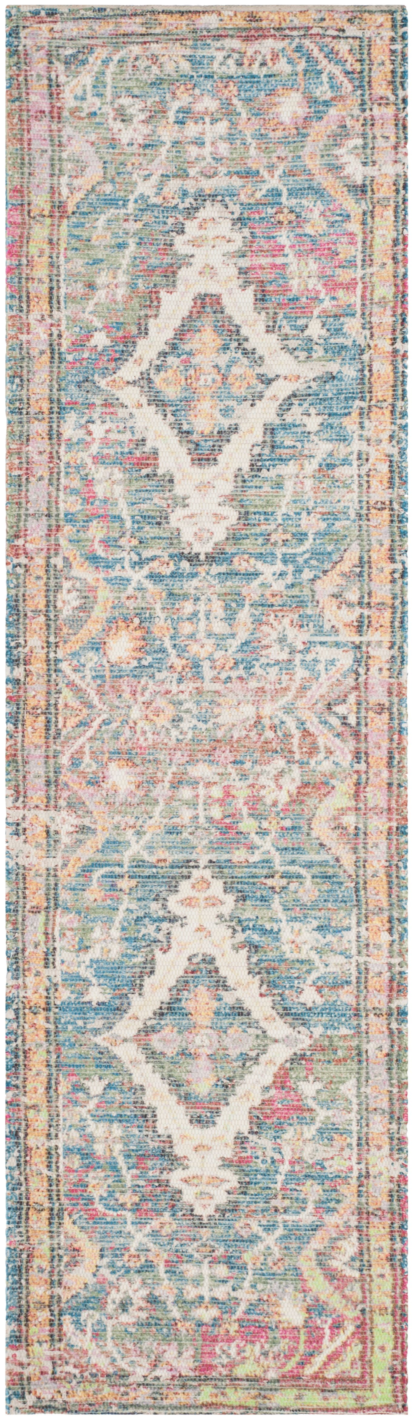SAFAVIEH Saffron Justina Floral Cotton Runner Rug, Turquoise/Peach, 2'3" x 10'