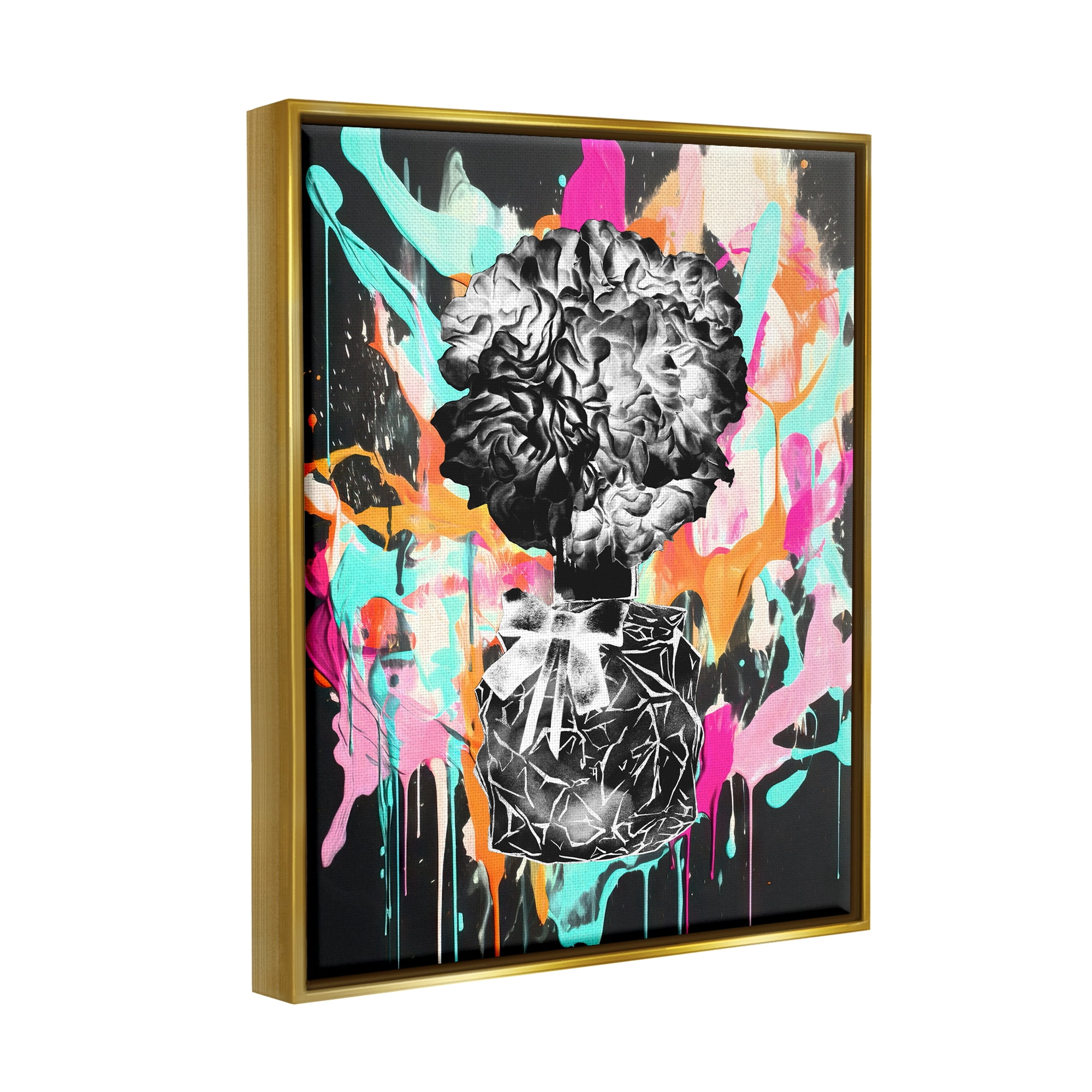 Stupell Industries Urban Flowers Graffiti Abstract Painting Gold Floater Framed Art Print Wall Art, 25 x 31