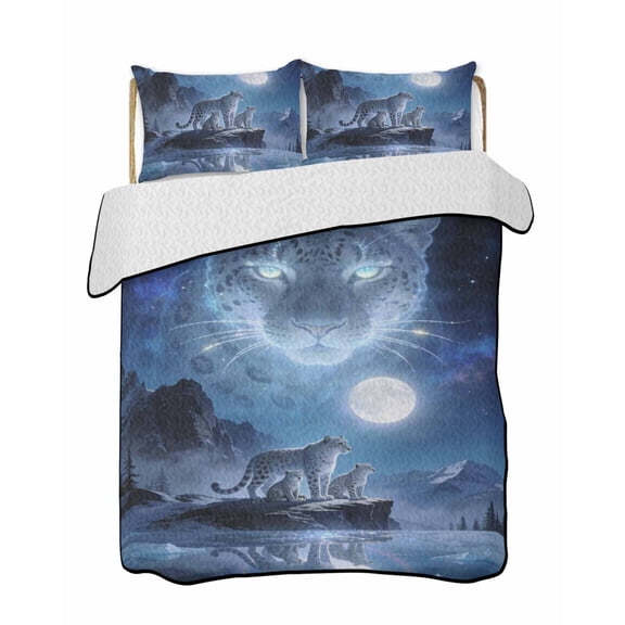 Quilts King Size Bedding Set, Aesthetic Leopard Lightweight Quilted Comforter, Black Mountains Moon Night Blue Ombre Soft Reversible Bedspread Coverlet with Pillow Covers for All Season, 96" x 106"