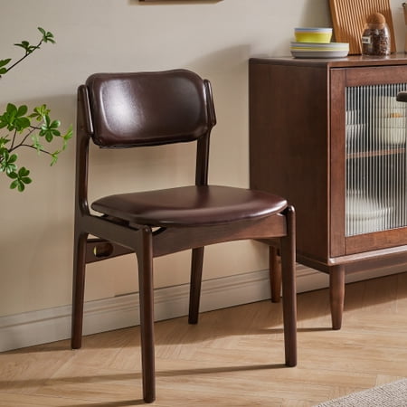 Modern Solid Wood Frame Dining Chair with PU Leather Upholstery Ergonomic Open Back Side Chair with Thick Cushion Armless Kitchen Chair for Dining Room Coffee Shop Home Office Walnut
