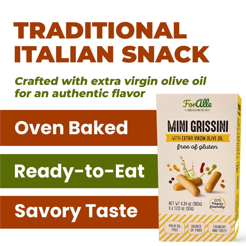 For Alle Gluten Free Mini Grissini with Extra Virgin Olive Oil, 6x1.05 oz (6.34 oz) – Traditional Italian Pugliese Snack. Oven-Baked. Vegan. Cholesterol-Free. (Pack of 2)