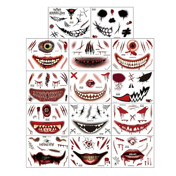 Halloween Face Big Mouth Fake Tattoos for Adults, Scary Prank Makeup Joker Temporary Tattoo Kit Women, Halloween Horror Clown Fake Face Stickers Kids (Joker Tattoos)