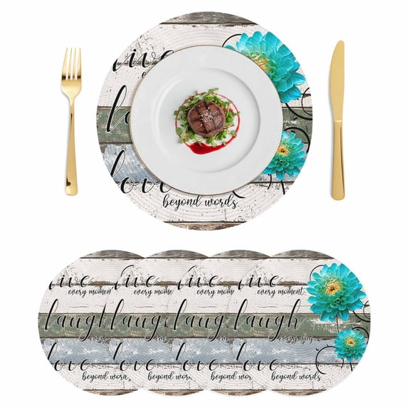 Teal Floral Round 15 Inch Placemats Set of 4, Farmhouse Green White Blue Wooden HeatResistant Non Slip Place Mats for Dining Table, Wipeable Braided Kitchen Table Mats for Housewarming
