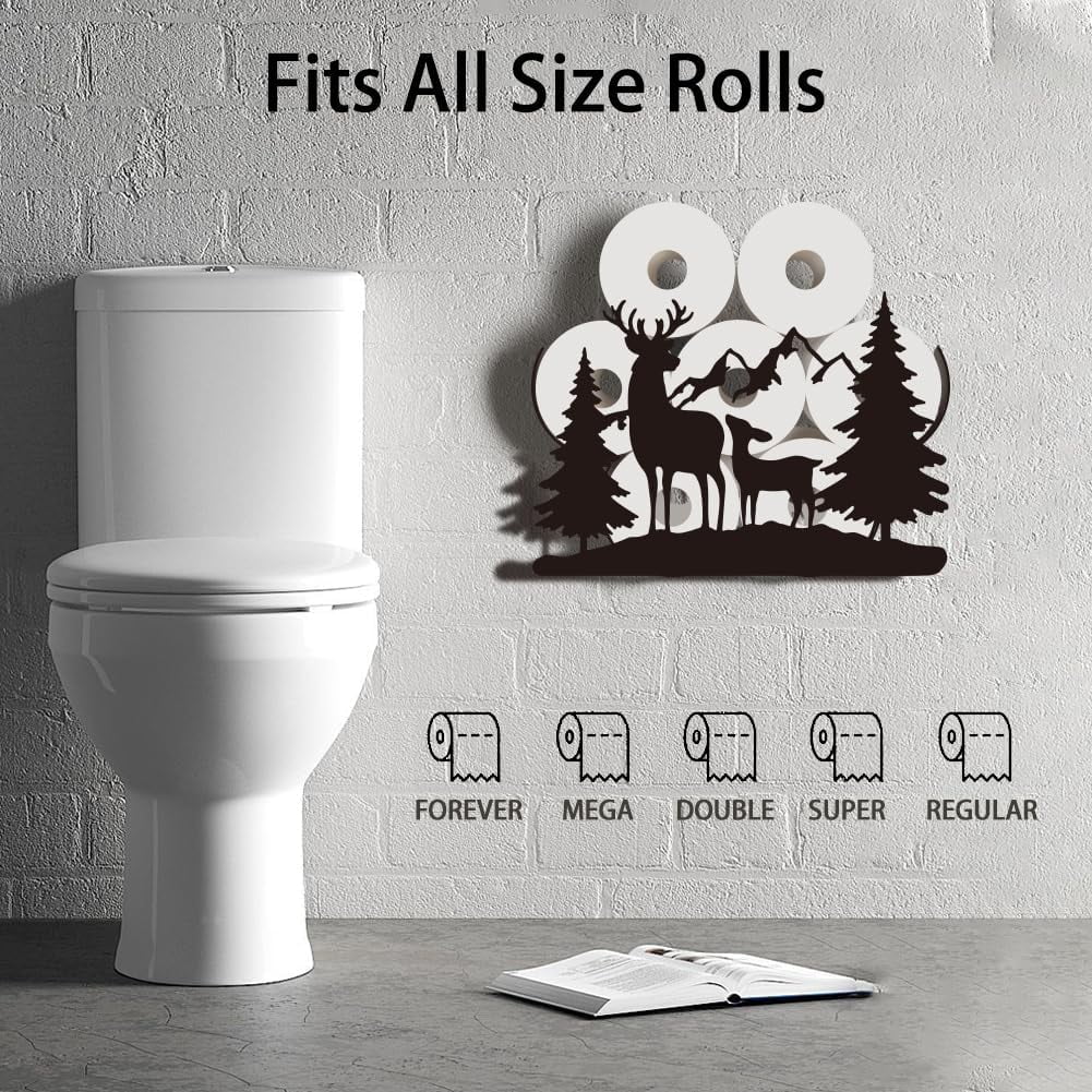 Deer Toilet Paper Holder Metal Forest Animal Wall Mounted Toilet Paper Storage for Extra 8 Rolls Funny Animal Toilet Paper Organizer Toilet Paper Roll Holder for Bathroom Home Office Décor Black