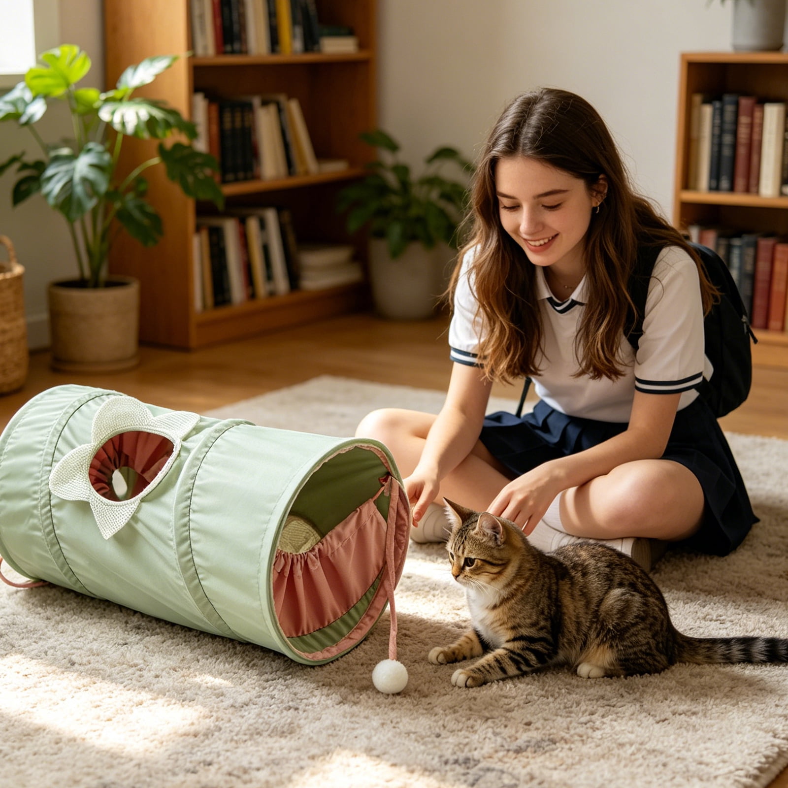 Cat Tunnel Toy, Foldable Mint Green, 1 Piece, for Indoor Cats Play and Rest