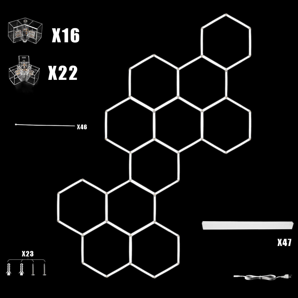 11Hexagon-47Pack LED Garage Lights, Large Panel 6500K Ultra Bright Ceiling Light for Garage, Workshop & Industrial Lighting, Car Detailing Shop,Bright Ceiling Lights, Basement, Gym,Durable
