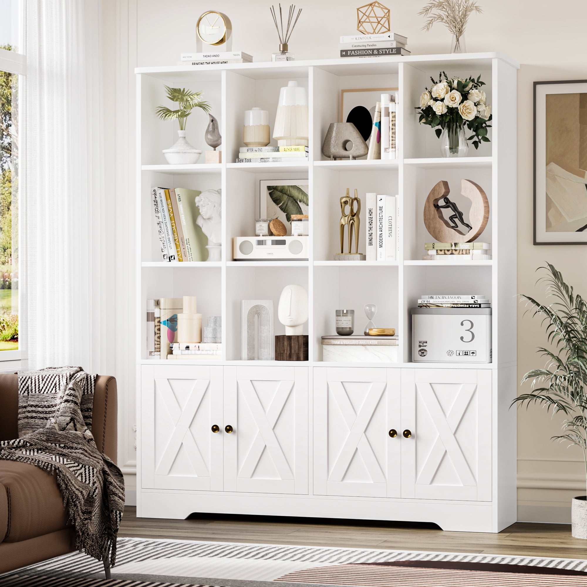 Homfa 12 Cube Double Wide Bookcase with Doors, 3 Tier Library Cabinet & Bookshelves for Home Office Living Room, White