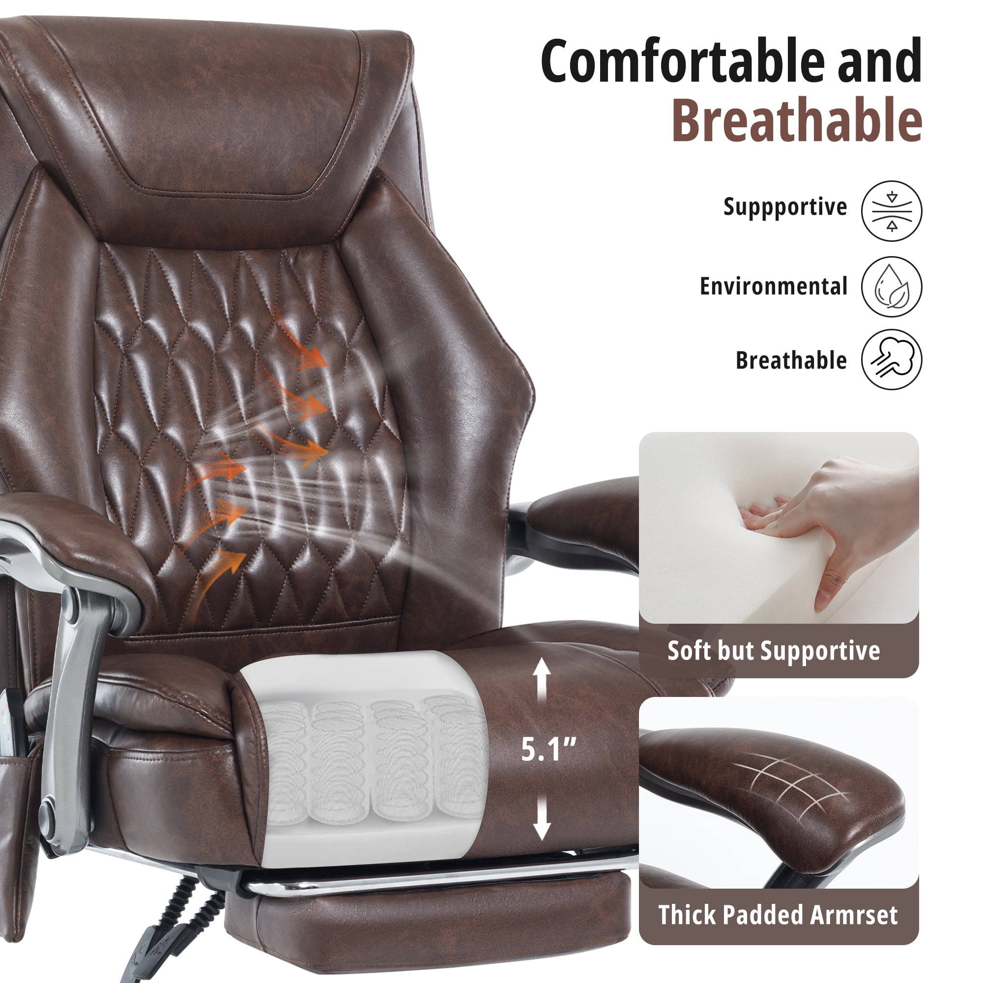 6-Point Massage Office Chair with Lumbar Support, Reclining Ergonomic Computer Desk Chair with Footrest for Full Support, PU Leather High Back Executive Computer Chair, Heated Executive Office Chair