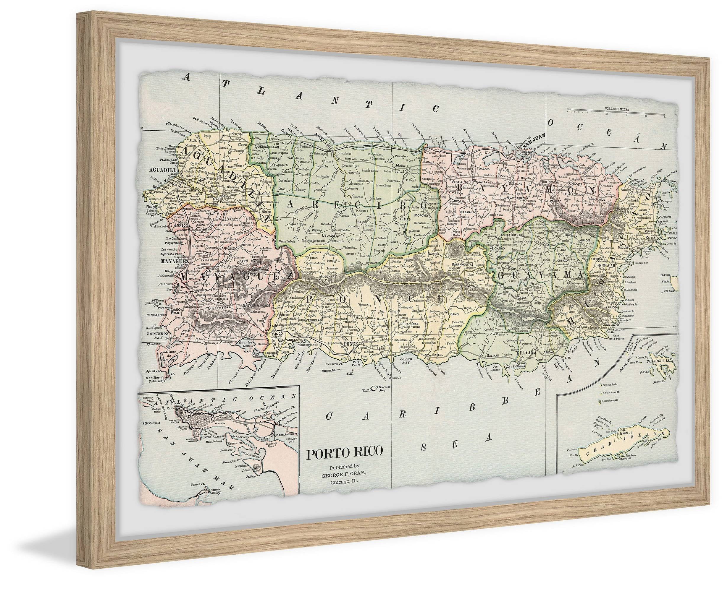 Marmont Hill Puerto Rico Colored Map Framed Wall Art, 30" x 45"