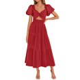 thumbnail image 1 of Mgmyaa Robe d'Été Bohème à Manches Bouffantes Ligne A Décontractée Longue Robe Smockée Col en V Peplum, 1 of 8