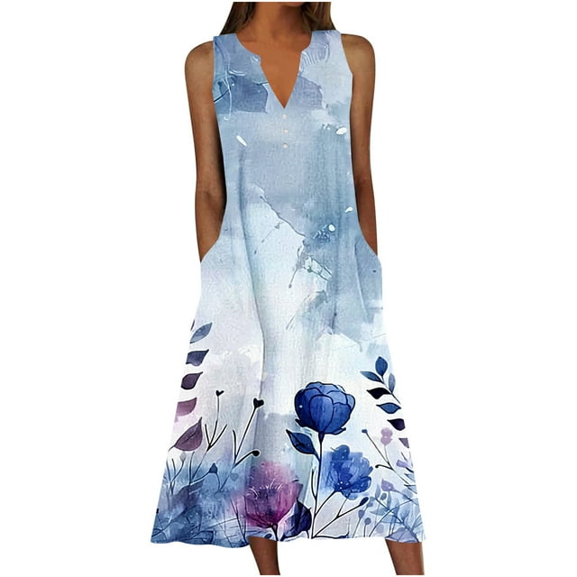 Staron Robes d'Été pour Femmes en Liquidation à Moins de 10 $ Sans Manches à Col en V Robe Longue Ample Décontractée Grande Taille Coupe Évasée Fluide Bohème à Imprimé Floral pour Fête Plage Robes TTG