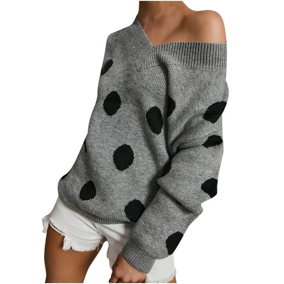 Ernkv Womens Top Knitted Sweater Top Comfy Casual Pullover V-Neck Long Sleeve Polka Dot Dressy Loose Plus Size Blouses Shirts Gray L
