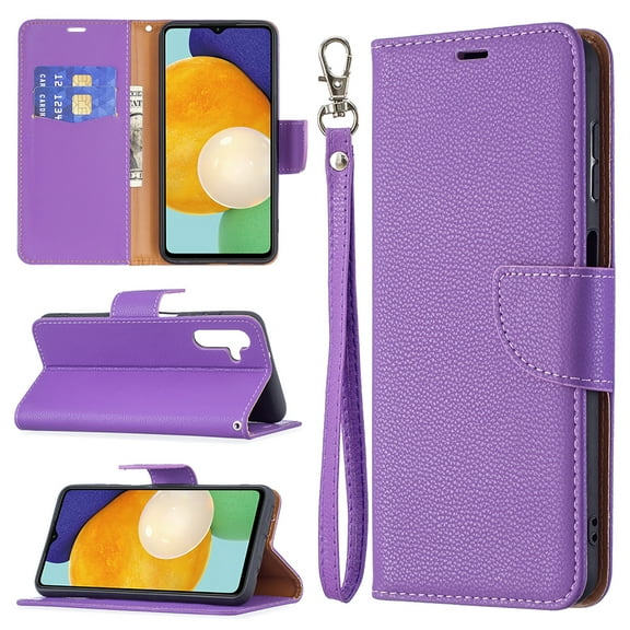 Feishell Phone Case for Samsung Galaxy A14 5G 6.6 inch,Lychee Texture Plain PU Leather Magnetic Clasp Folio Flip Kickstand Wallet Phone Case with Card Slots & Wrist Strap,Violet