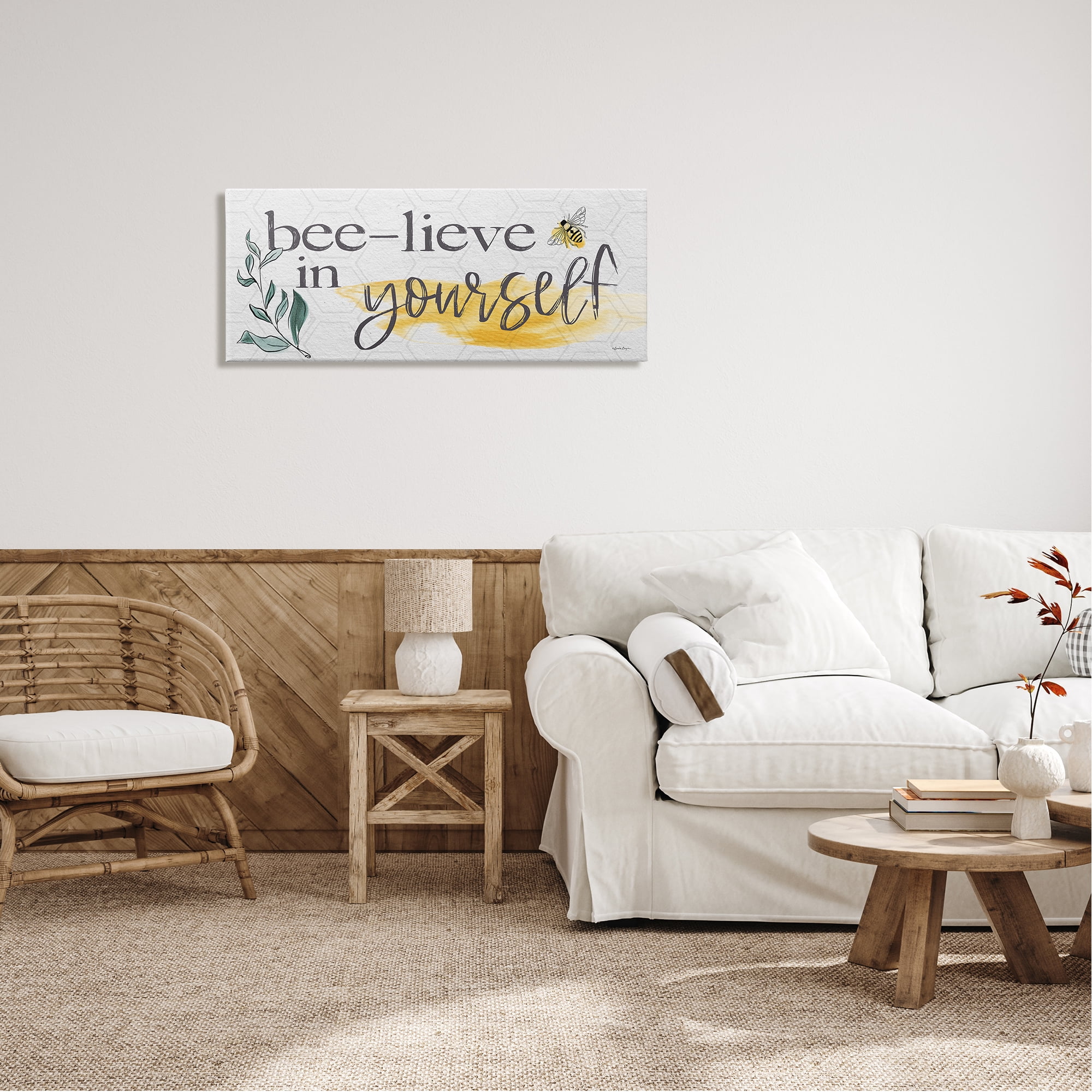 Stupell Industries Bee-Lieve in Yourself Phase Botanical & Floral Painting Gallery Wrapped Canvas Print Wall Art, 40 x 17