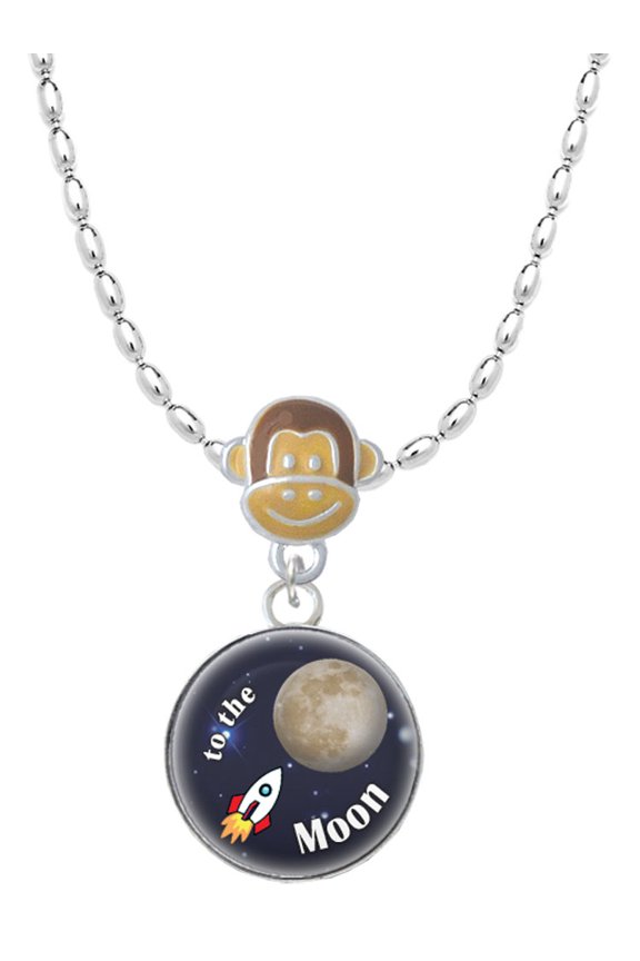 Silvertone Domed To the Moon Rocket Mia Monkey Charm Necklace