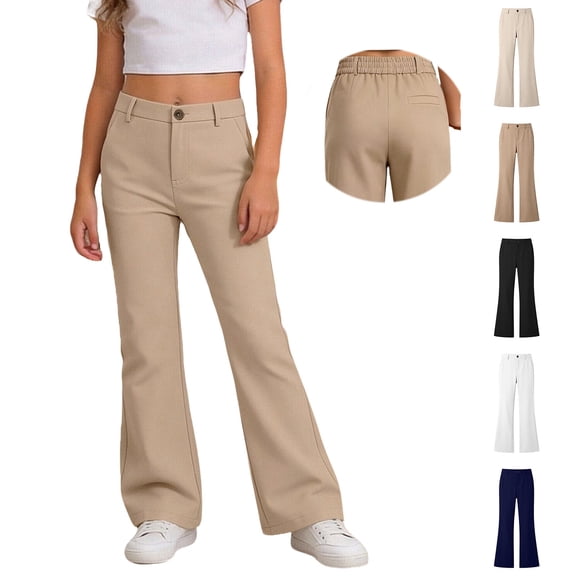Kids Uniform Pants Elastic Waist Front Zipper Flare Pants Khaki School Pants for Girls School Clothes Size 5-16 Years